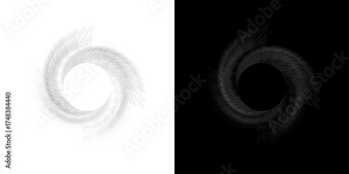 Dynamic abstract spiral sound wave rhythm lines. Circular spiral sound wave rhythm of lines. Circular futuristic abstract lines, black and white background.