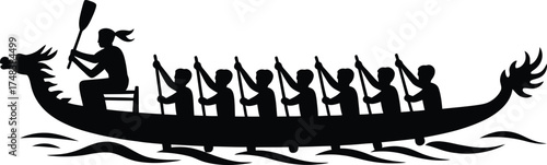 Detailed dragon boat with rowers in black silhouette on transparent background