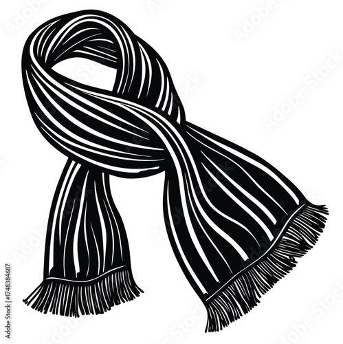 Vintage vector fashion illustration sketch of a black and white floral scarf isolated on a white background