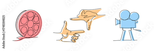 Set of three color film objects. Reel with film strip, retro camera on tripod, frame made with palms, cinematography