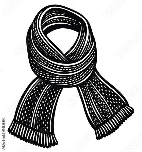 Black knitted wool scarf with a bow tie, a winter fashion accessory isolated on a white background