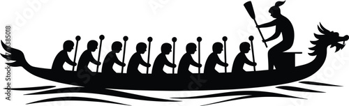Detailed dragon boat with paddlers in black silhouette on transparent background