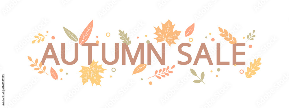 Fototapeta premium Autumn sale banner with text and autumn colorful leaves on white background, flat vector illustration