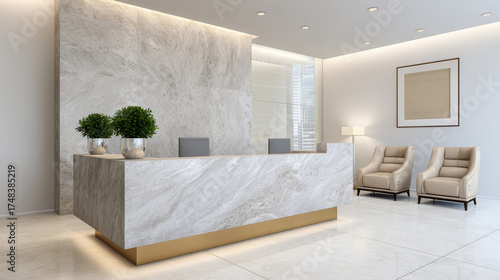 Fototapeta Naklejka Na Ścianę i Meble -  Elegant modern office lobby interior design with luxurious marble reception desk and empty waiting area. This professional and welcoming space features clean, contemporary furniture
