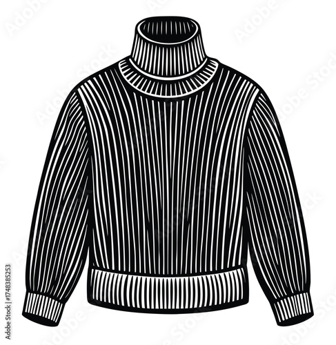 A vector illustration of a black t-shirt or pullover sweater, representing a casual men's clothing garment made of cotton or wool textile