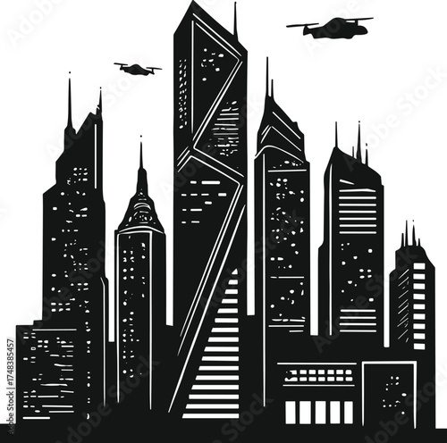Futuristic city skyline silhouette, flying drone aircraft, sci‑fi metropolis illustration, modern skyscraper architecture, urban fantasy artwork, visionary science fiction cityscape concept