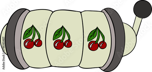 Colorful slot machine with three reels adorned with cherries and leaves, inviting players to enjoy a lively gaming experience filled with excitement and potential rewards.