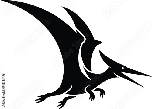 Black pterodactyl illustration with outstretched wings on transparent background silhouette