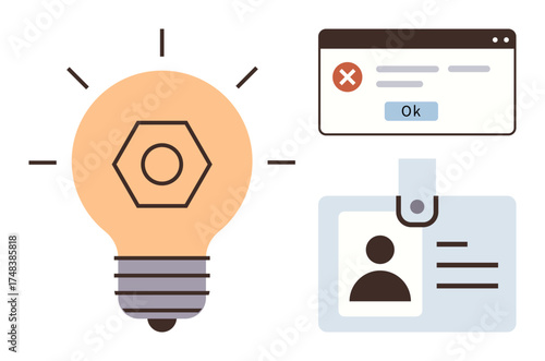 Light bulb symbolizing creativity, error window, and ID card representing innovation, verification, and problem-solving. Ideal for technology, security, identity, creativity data management error
