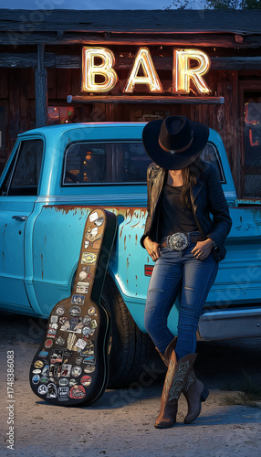 Cowgirl leaning on vintage truck outside neon-lit bar