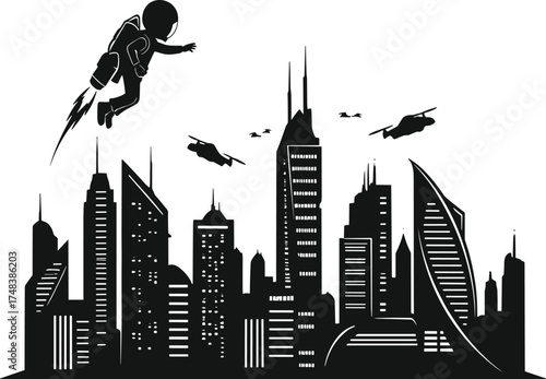 Futuristic city skyline silhouette, flying jetpack astronaut, sci‑fi metropolis illustration, modern skyscraper architecture, urban fantasy artwork, visionary science fiction cityscape concept
