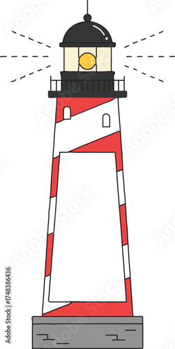 Striped lighthouse with shining beacon at dusk