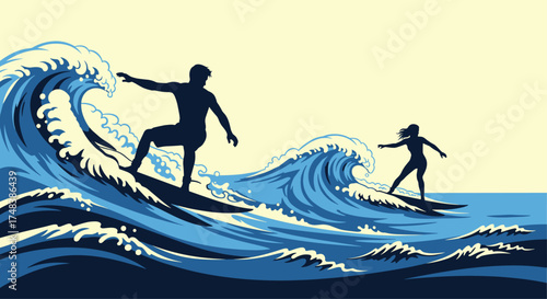 Two surfers ride large ocean waves on their surfboards.