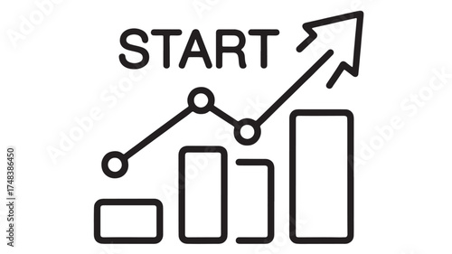 Graphic illustration of a bar chart with an upward trending arrow and the word 'START', symbolizing growth and progress.