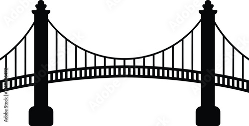 Simple black suspension bridge illustration with detailed cables on transparent background silhouette