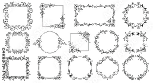 A collection of decorative floral frames and borders in a vintage style.