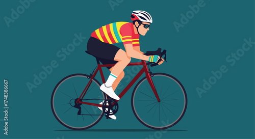 A cyclist in colorful jersey races on a road bike.