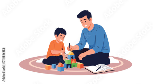 A father and son building with colorful blocks on a rug.