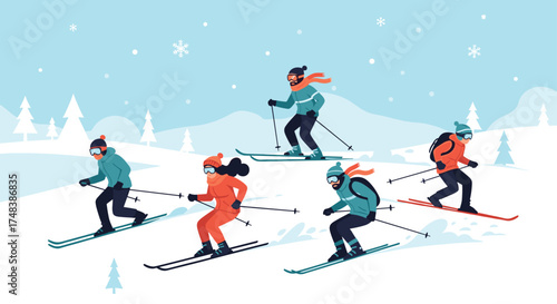 A group of friends enjoy a fun downhill ski race in the snow.