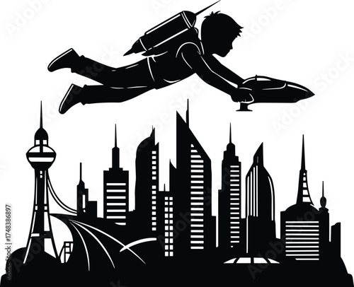 Futuristic city skyline silhouette, flying jetpack astronaut, sci‑fi metropolis illustration, modern skyscraper architecture, visionary urban fantasy artwork, advanc