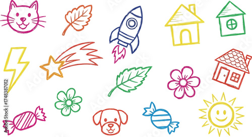 Vector art of assortment of crayondrawn doodle icons featuring animals, nature, and objects