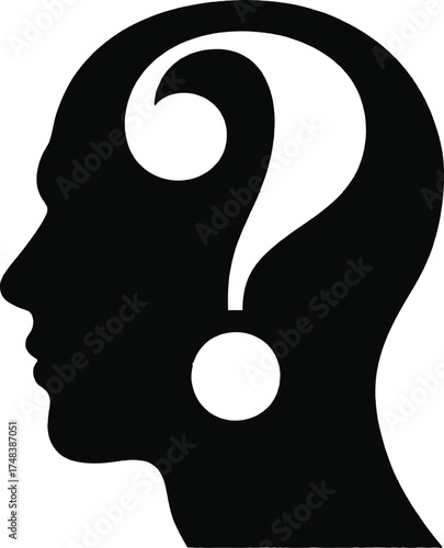 Human head profile with a question mark inside on transparent background silhouette