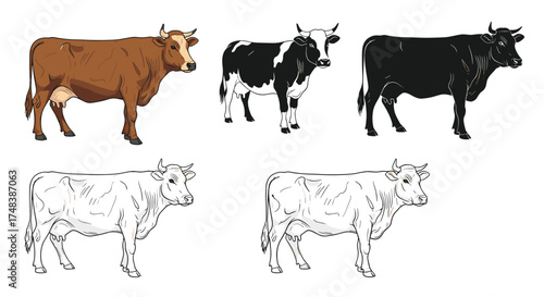 Five distinct cows depicted in pixel art style for a farm or livestock theme.