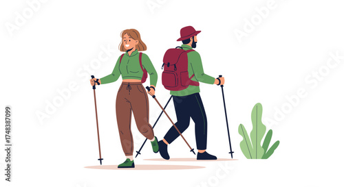 A man and a woman hiking with trekking poles.