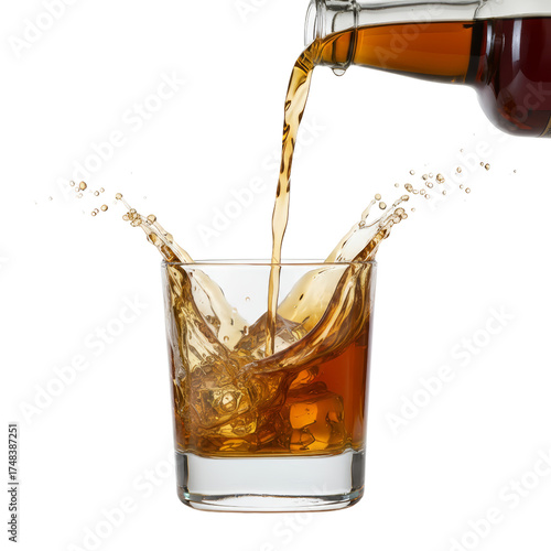 Amber liquid cascades into a clear tumbler creating dynamic splashes of refreshing beverage