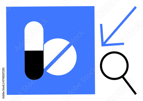Capsules, pill, and magnifying glass for research, pharmaceutical study, drug discovery, diagnostics, healthcare, medical innovation and quality control. Ideal for simple flat metaphor