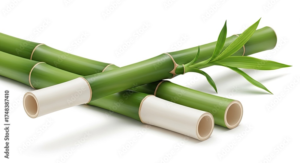 Fototapeta premium Fresh Green Bamboo Stalks with Green Leaves on White Background; Flora and Stem