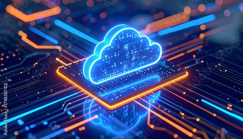 IoT and Cloud Computing Concept with Glowing Circuit Board Macro Visualization