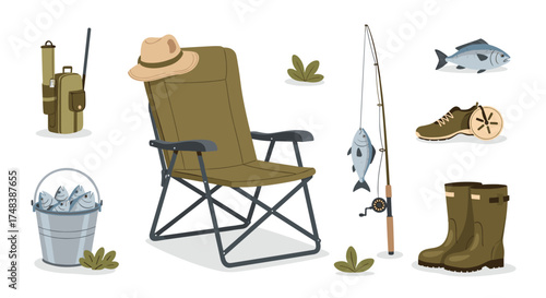 Fishing gear including a chair tackle box and rod.