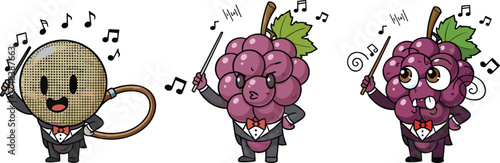 Cartoon fruit musicians, grape conductor, microphone singer, funny fruit characters, musical fruit artwork, anthropomorphic design, orchestra illustration, playful healthy food concept