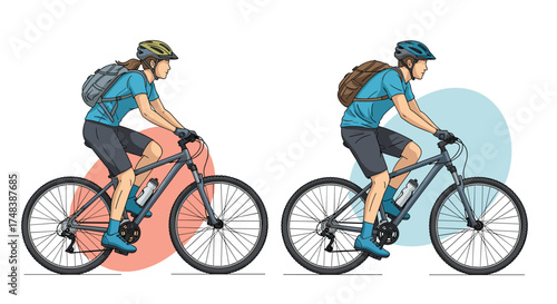 Two cyclists ride bicycles on a white background with colorful circles.