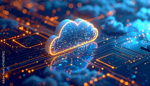 IoT and Cloud Computing Concept with Glowing Circuit Board Macro Visualization