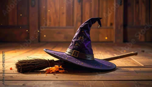 Witchs hat and broom on wooden floor for Halloween.