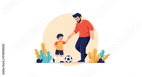 Father and son enjoying a game of soccer together in an outdoor setting.