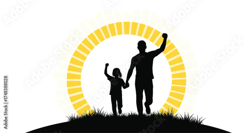 A father and child walk hand in hand towards a brighter future. The sun rises.
