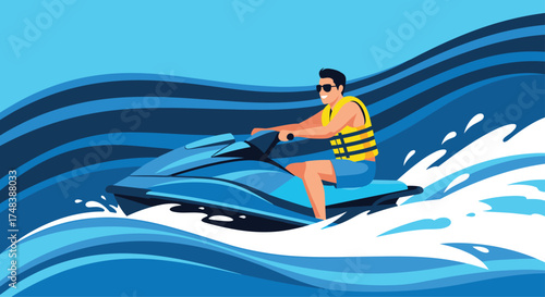 A man rides a jet ski on the ocean waves.