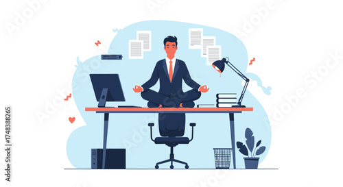 A businessman meditates at his desk while working.