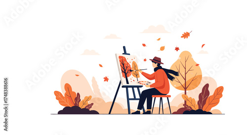 An artist painting a colorful autumn landscape outdoors.