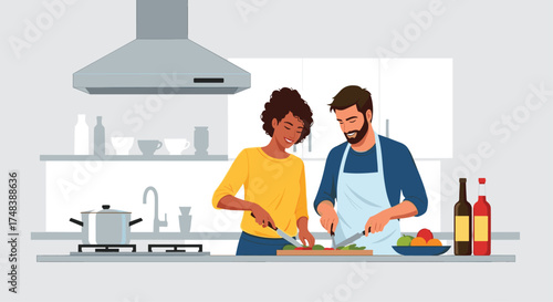 A couple enjoys preparing a meal together in their modern kitchen.