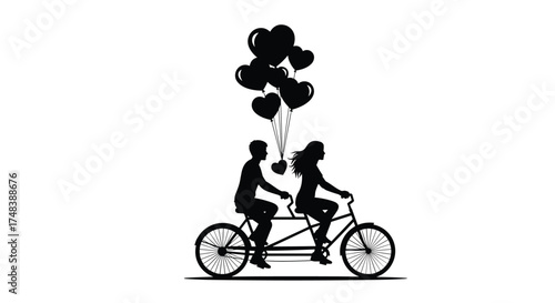 A romantic couple rides a tandem bicycle with heart shaped balloons floating above them.