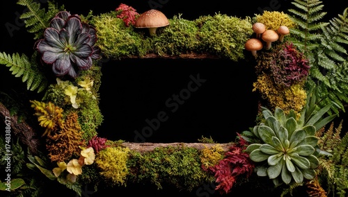 Natures Botanical Frame with Moss, Succulents, and Mushrooms.