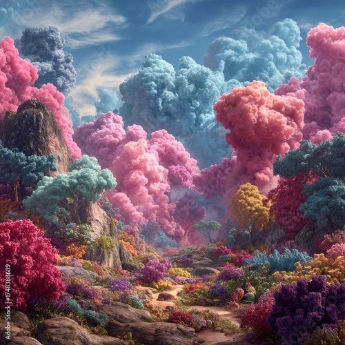 Colorful Fantasy Landscape with Fluffy Clouds and Trees.