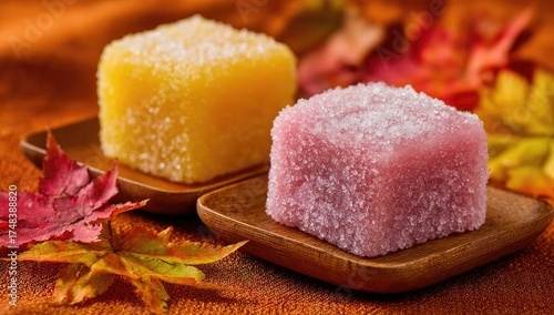 Two colorful Japanese sweets, likely mochi, displayed on small wooden platters.
