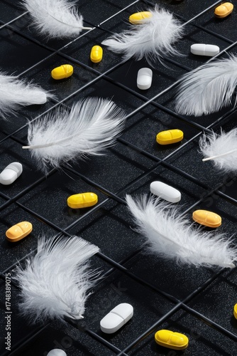 White Feathers and Pills on Dark Background.