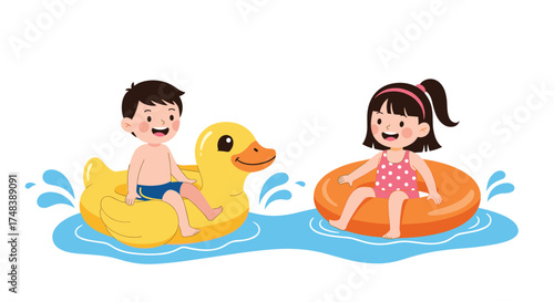 Two children enjoy floating on inflatable toys in the water.