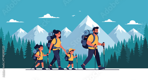 A family of four goes hiking in the mountains with backpacks and trekking poles.